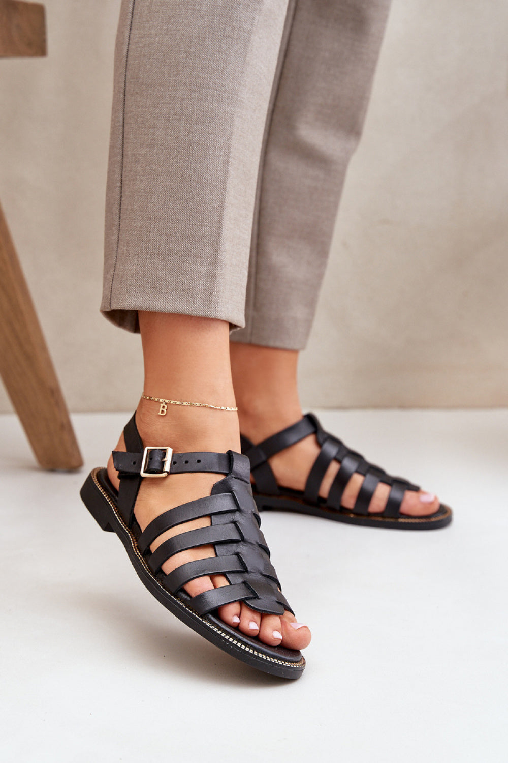 Step In Style Zazoo Black Leather Flat Sandals with Adjustable Straps