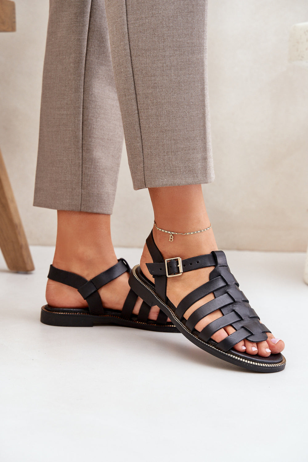 Step In Style Zazoo Black Leather Flat Sandals with Adjustable Straps - view 3