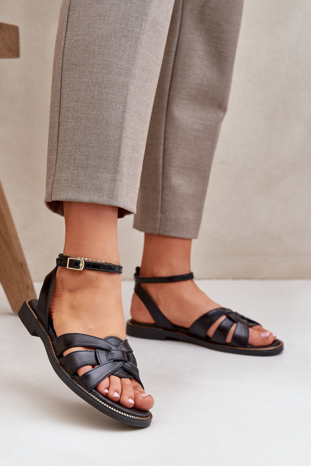 Step In Style Zazoo Black Leather Flat Sandals with Buckle and Adjustable Straps