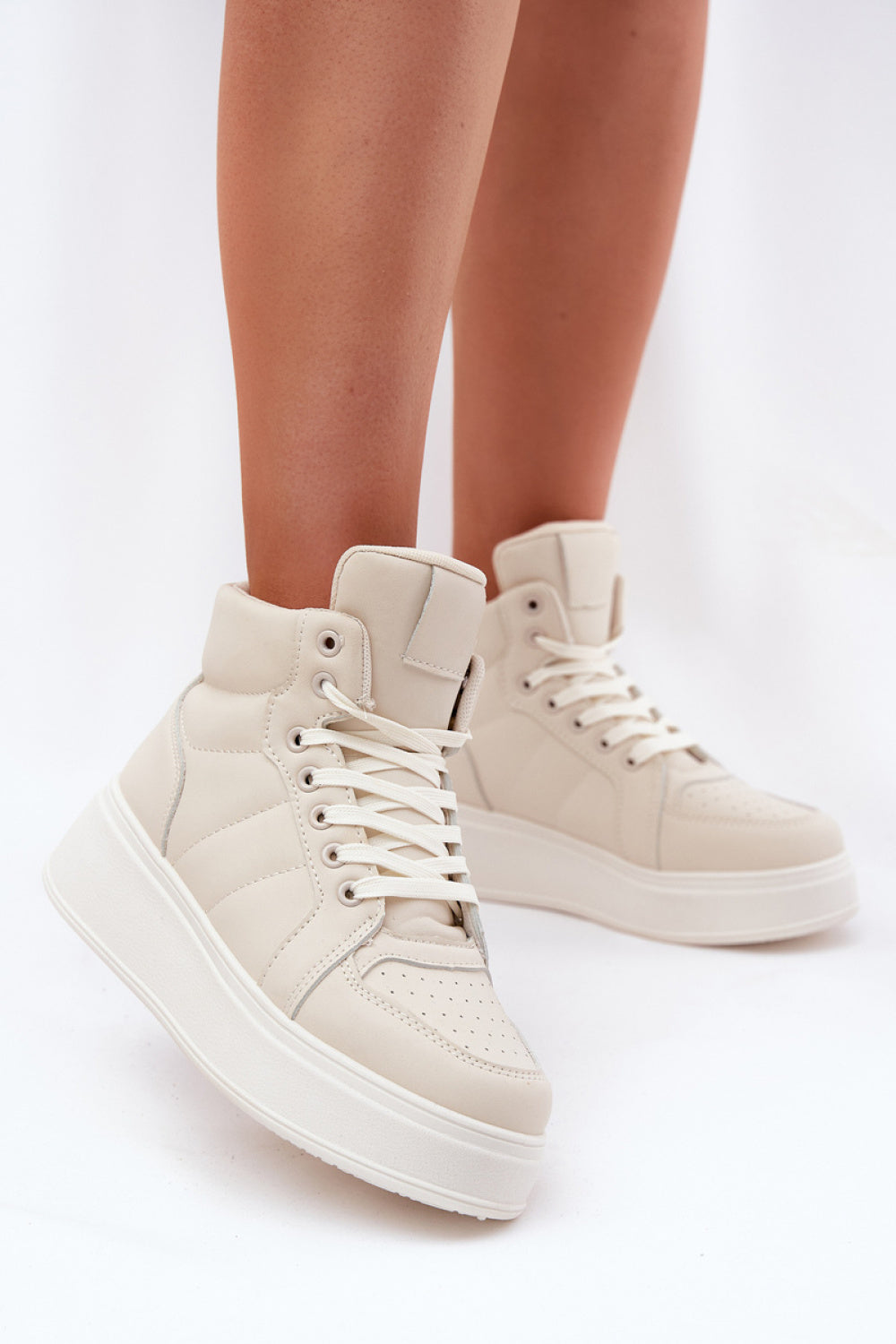 Step In Style Beige Faux Leather Lace Up Platform Trainers