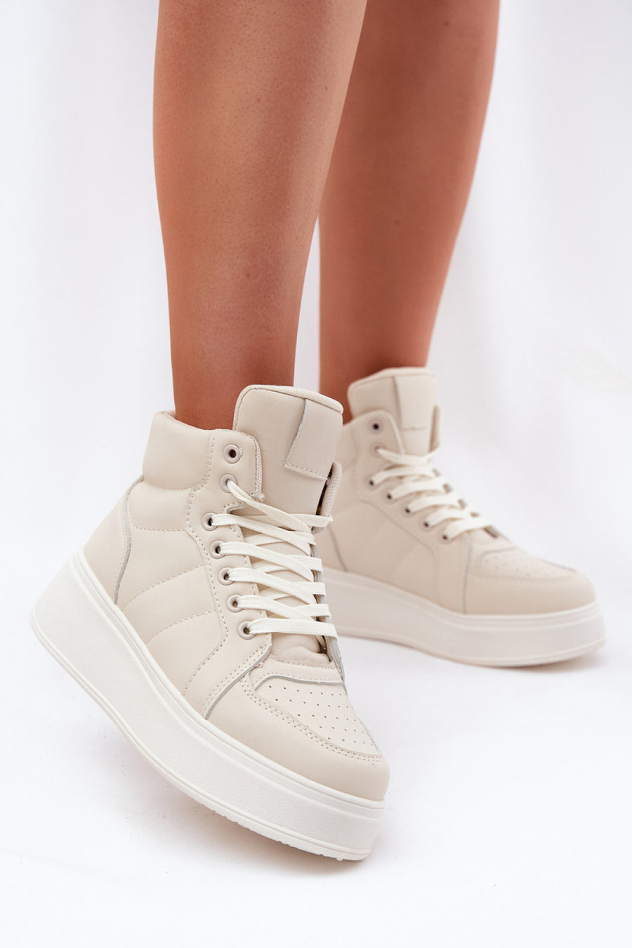 Step In Style Beige Faux Leather Lace Up Platform Trainers