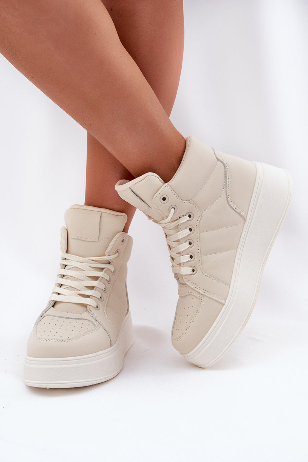 Step In Style Beige Faux Leather Lace Up Platform Trainers - view 3
