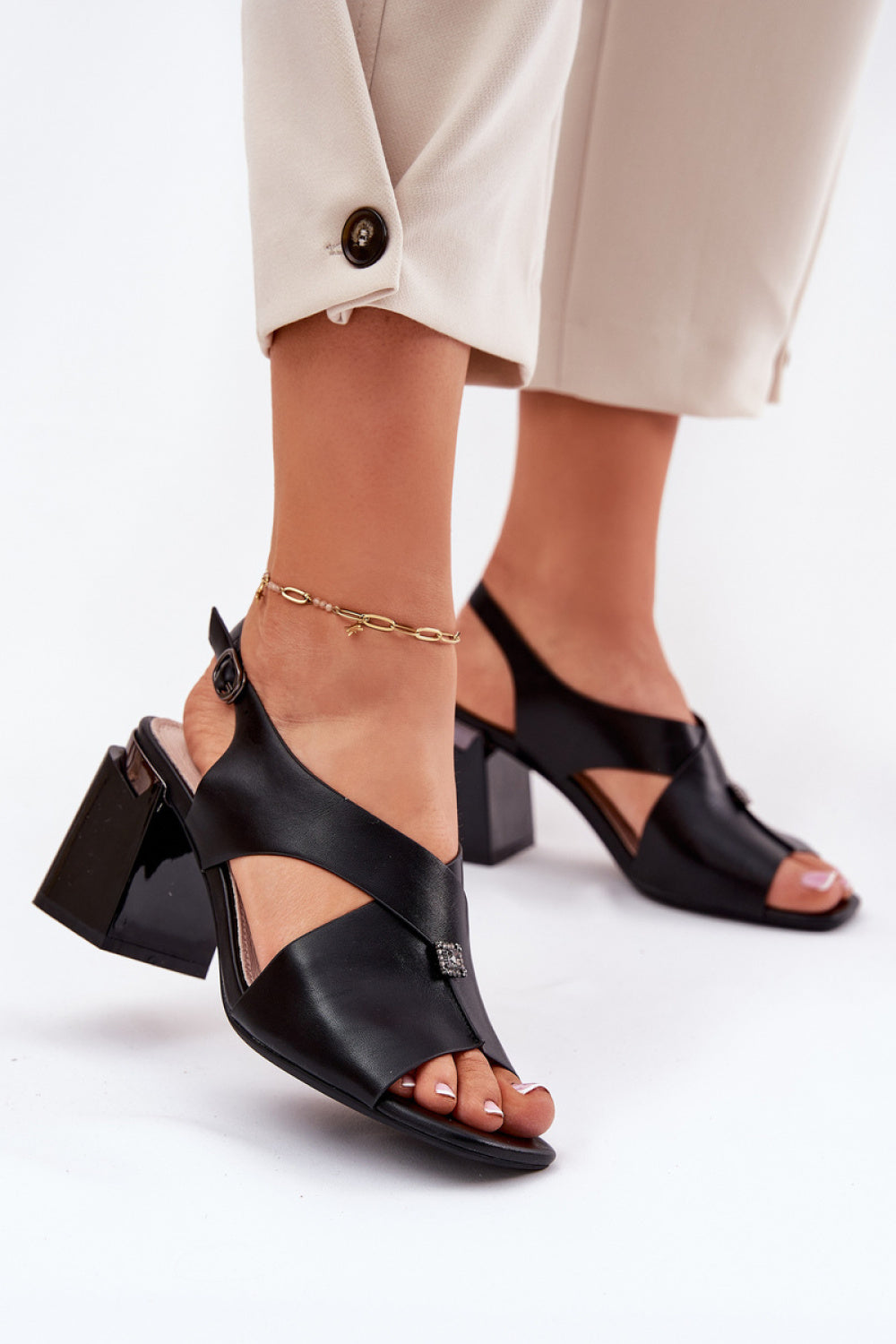 Step In Style Vinceza Black Faux Leather Heeled Sandals with Buckle
