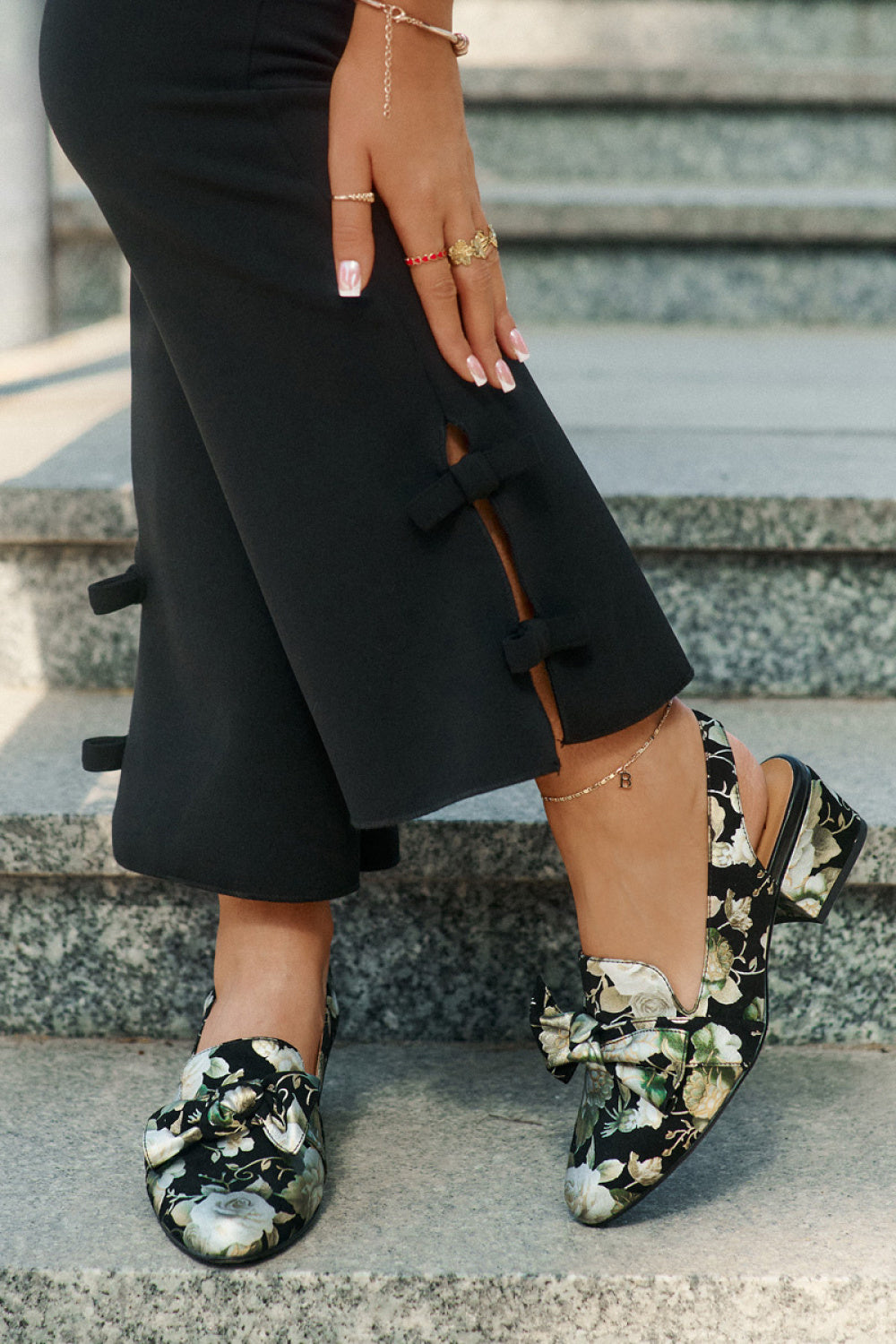 Step In Style Black Leather Block Heel Court Shoes - view 3