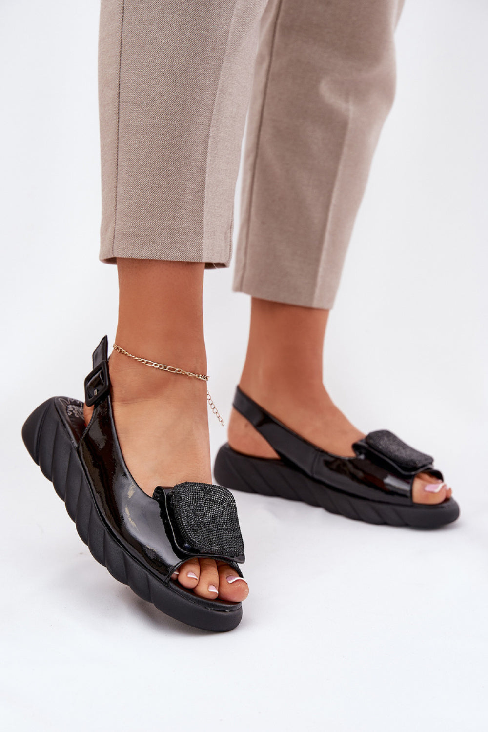 Step In Style Artiker Black Leather Wedge Sandals with Buckle