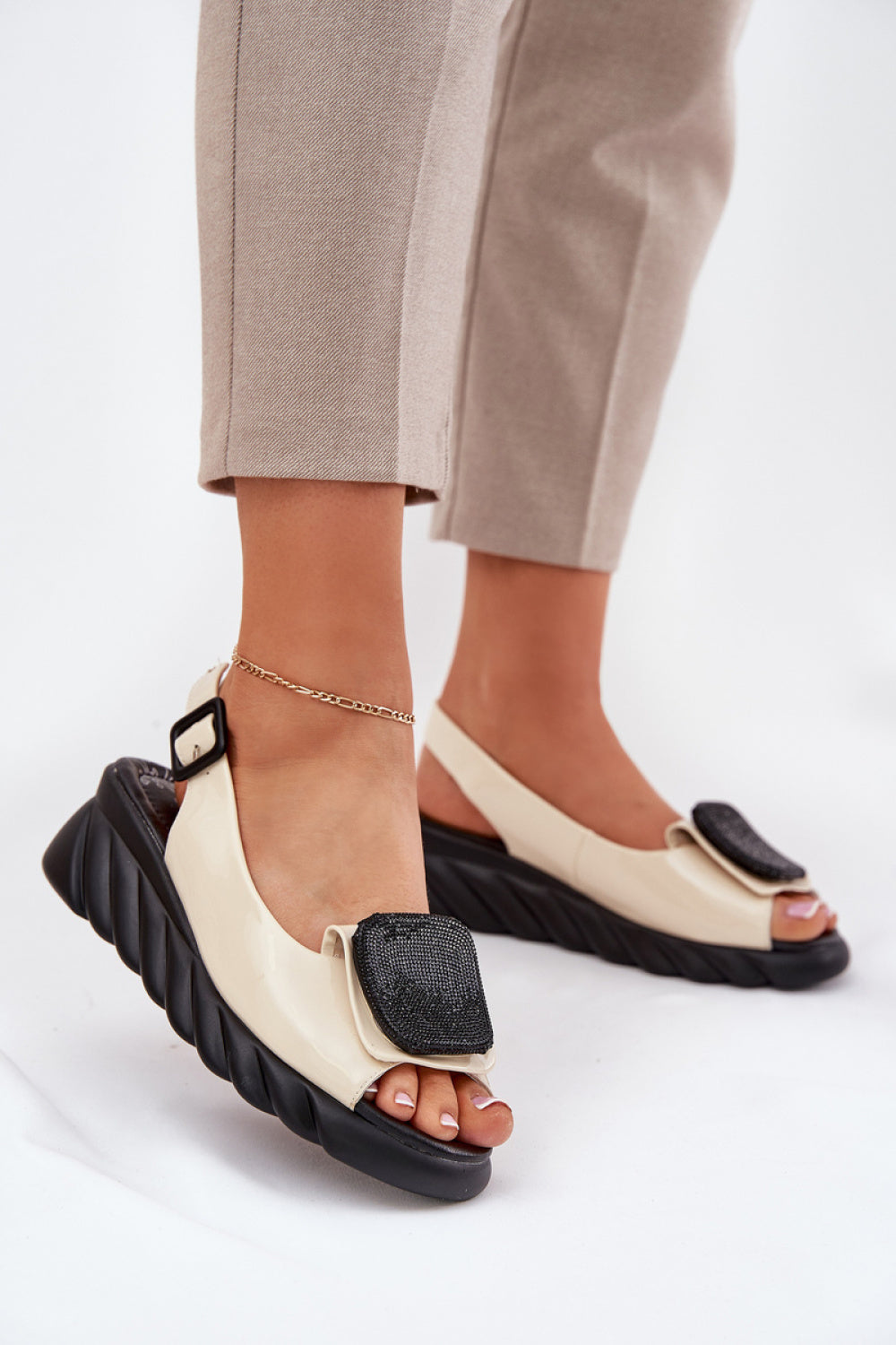 Step In Style Artiker Beige Leather Wedge Sandals with Buckle