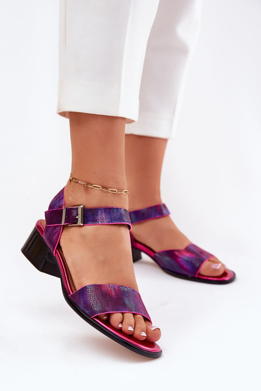 Step In Style Maciejka Fuchsia Leather Block Heel Heeled Sandals with Buckle