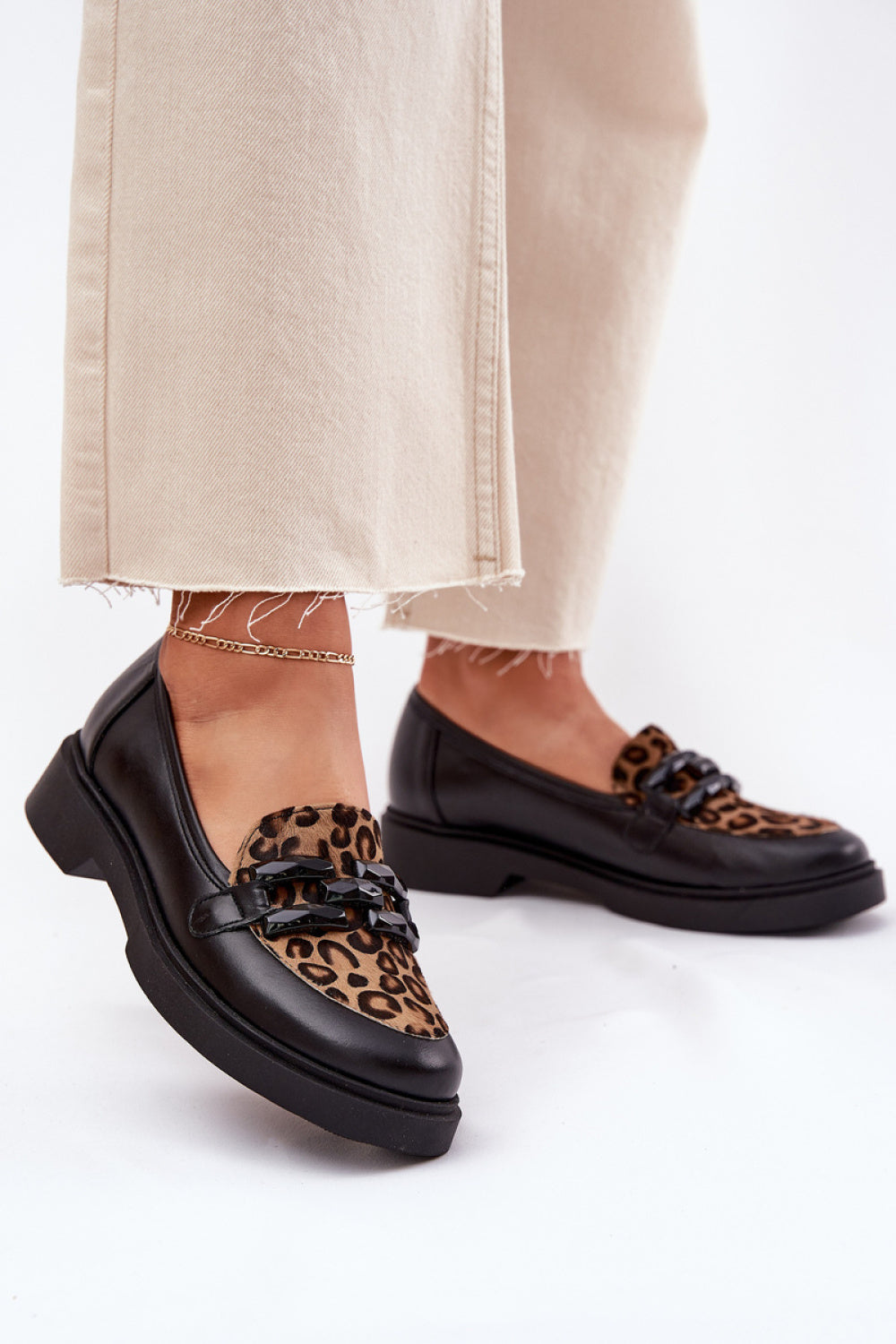 Step In Style Laura Messi Black Leather Flat Leopard Print Moccasins