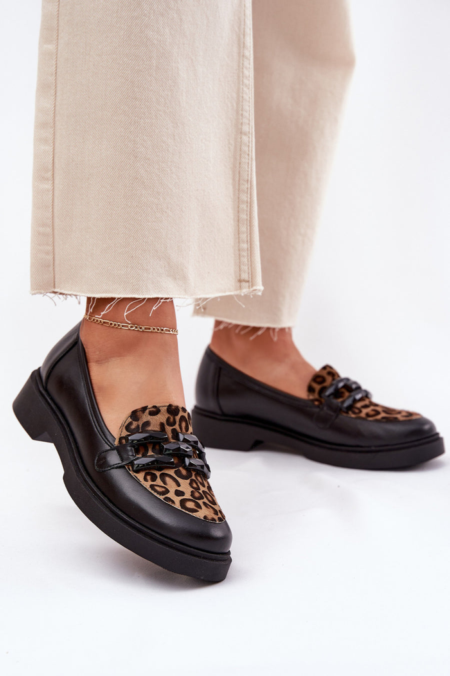 Step In Style Laura Messi Black Leather Flat Leopard Print Moccasins