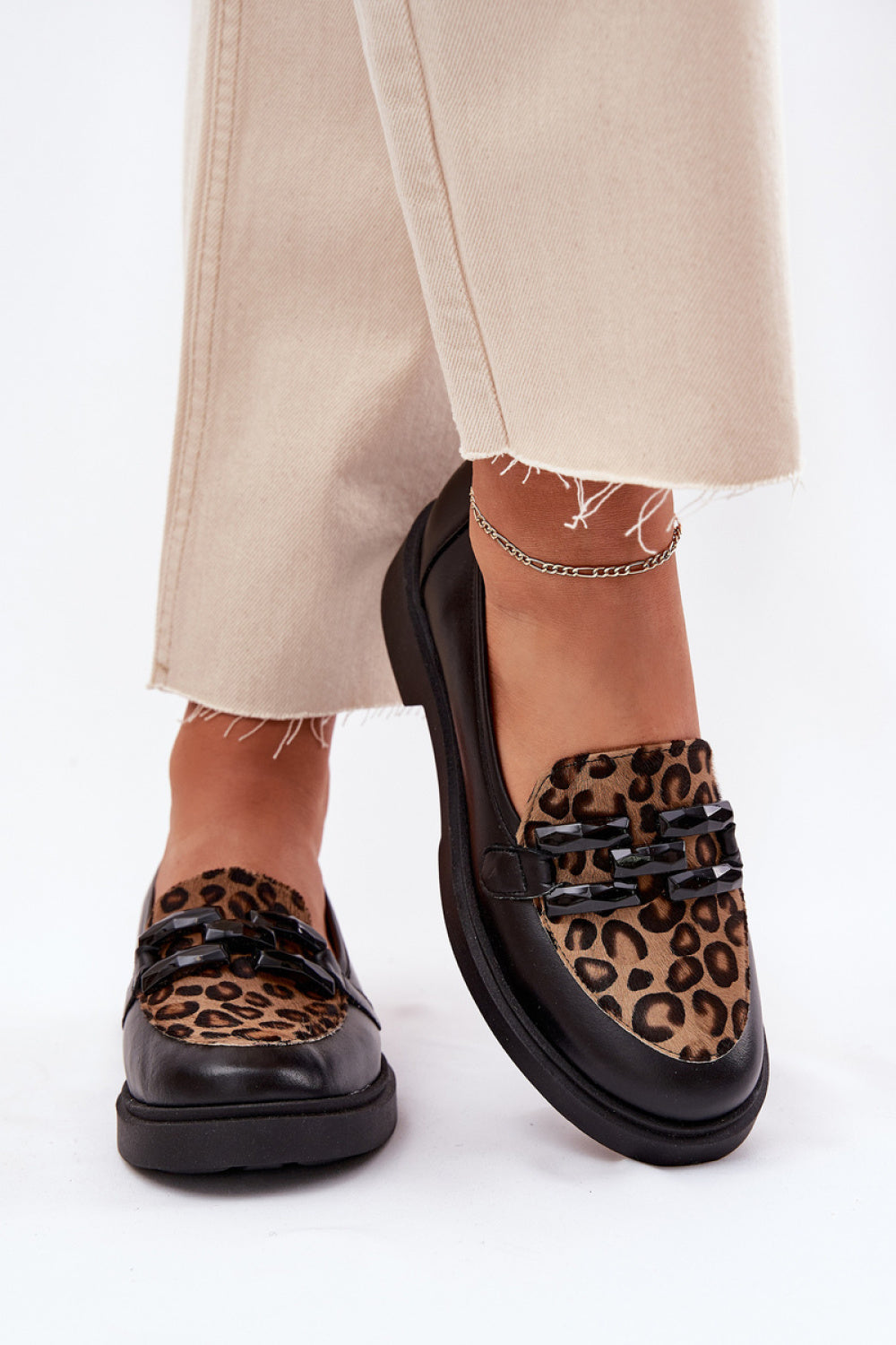 Step In Style Laura Messi Black Leather Flat Leopard Print Moccasins - view 3