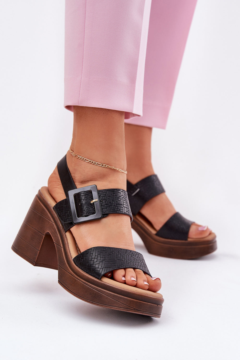 Step In Style Vinceza Black Faux Leather Platform Heeled Sandals