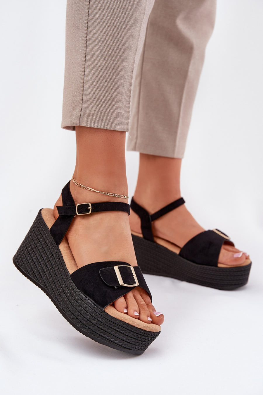 Step In Style Liniella Black Faux Suede Platform Wedge Sandals
