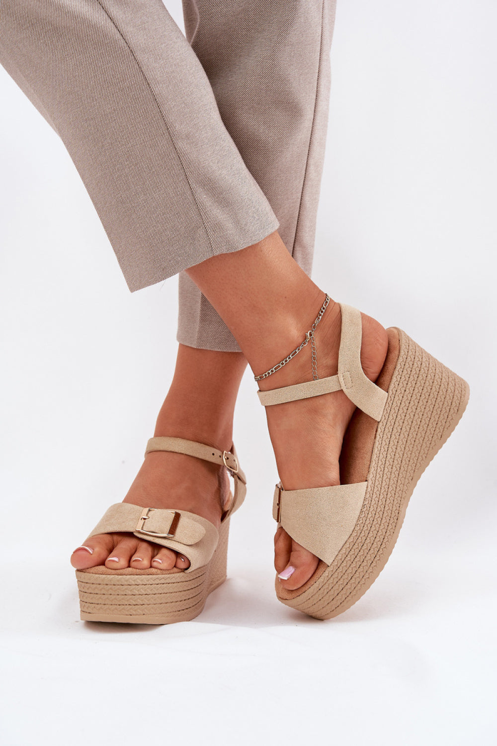 Step In Style Liniella Khaki Faux Suede Platform Wedge Sandals