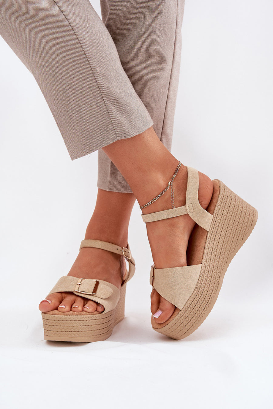 Step In Style Liniella Khaki Faux Suede Platform Wedge Sandals