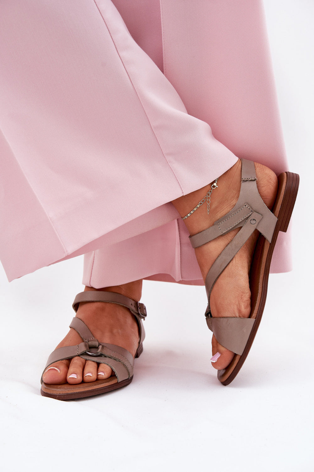 Step In Style Zazoo Dark Beige Leather Flat Sandals