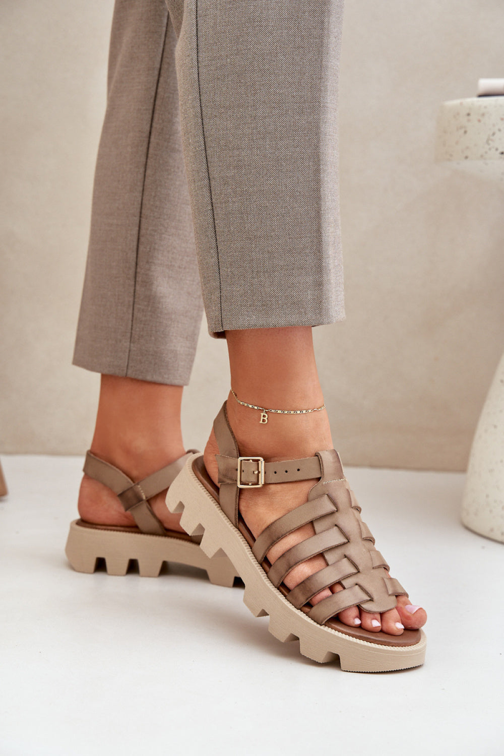 Step In Style Zazoo Beige Leather Platform Sandals with Buckle