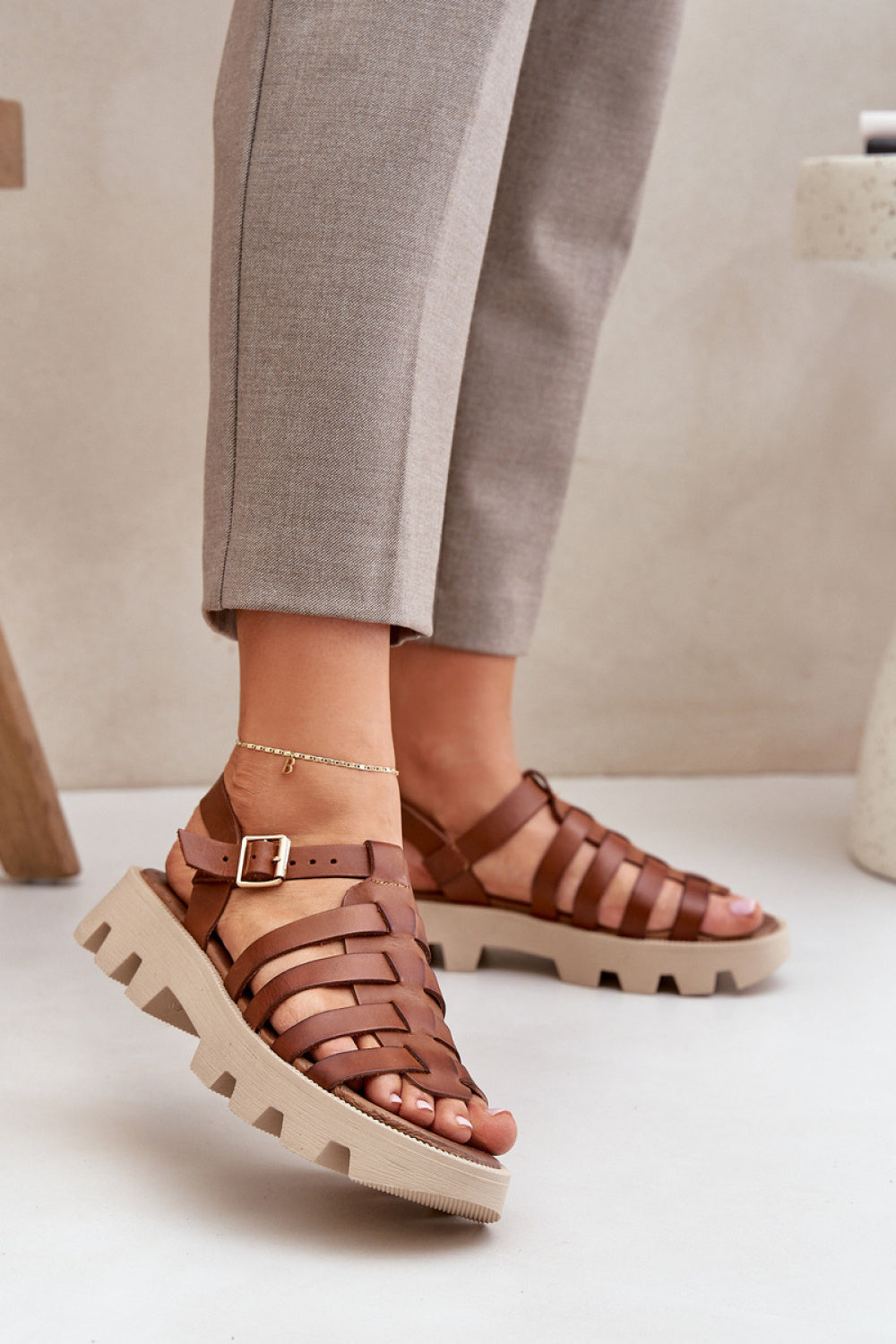 Step In Style Zazoo Camel Leather Platform Sandals