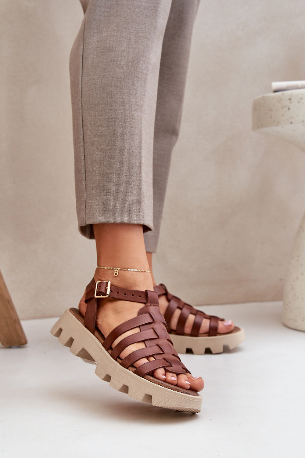 Step In Style Zazoo Brown Leather Platform Sandals with Buckle