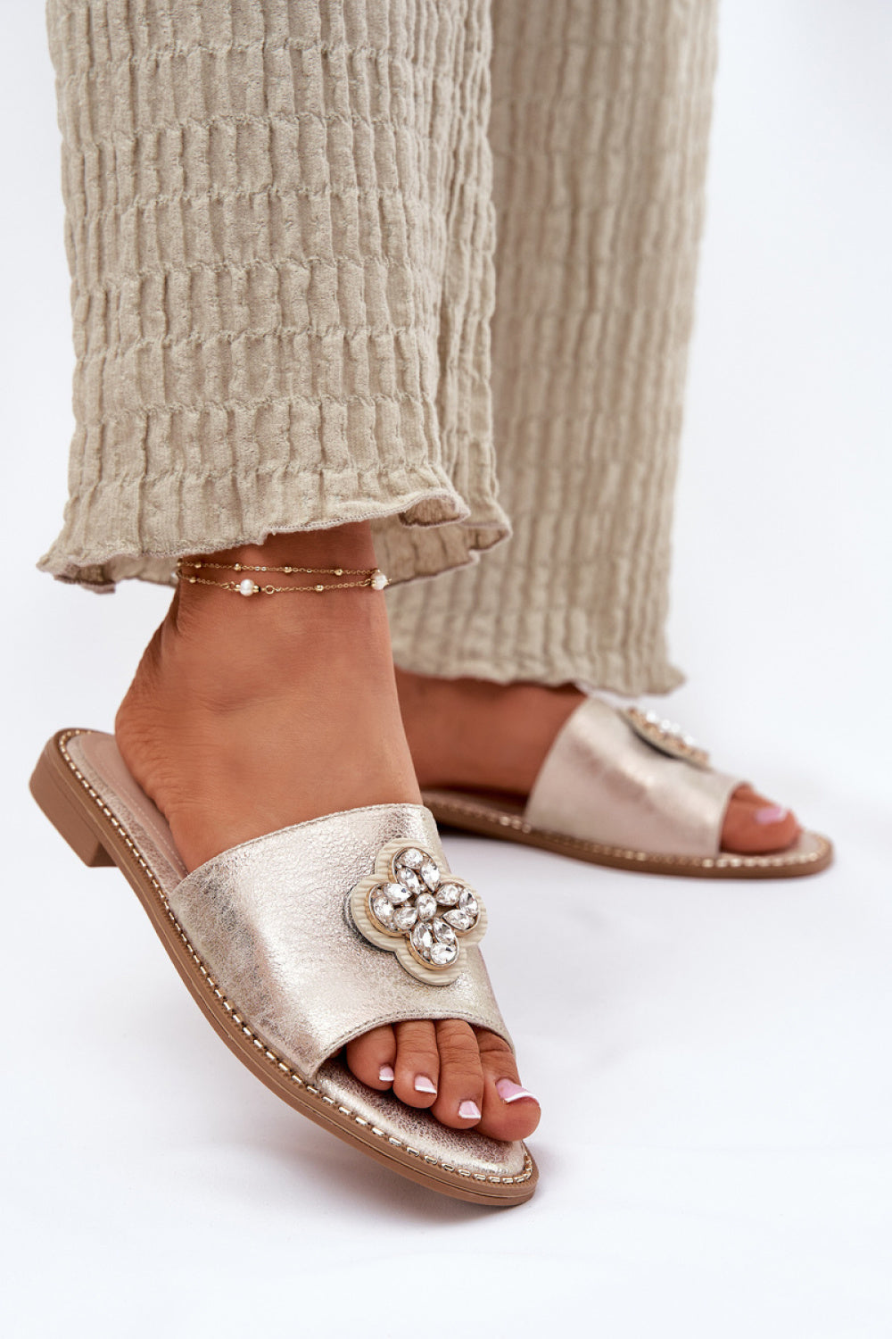 Step In Style Gold Faux Leather Flat Flip Flops