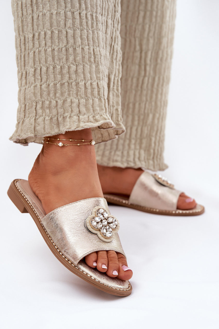 Step In Style Gold Faux Leather Flat Flip Flops