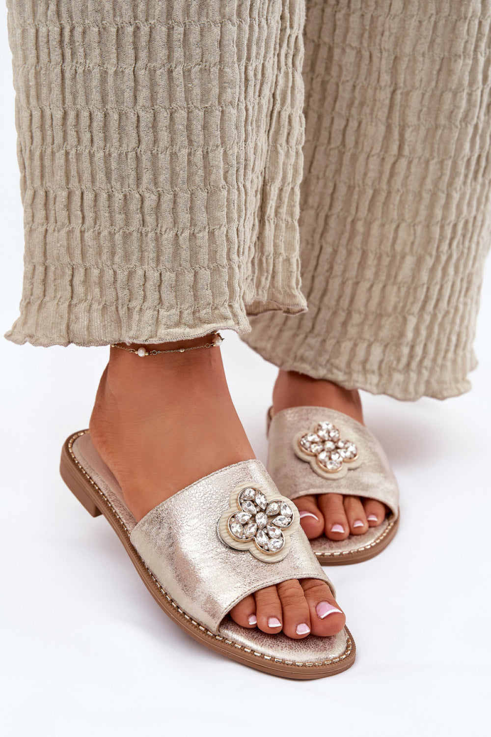 Step In Style Gold Faux Leather Flat Flip Flops - view 3