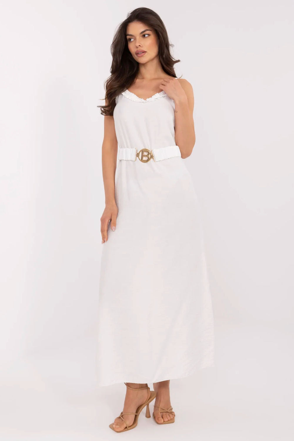 Italy Moda Ecru Maxi V-Neck Dress
