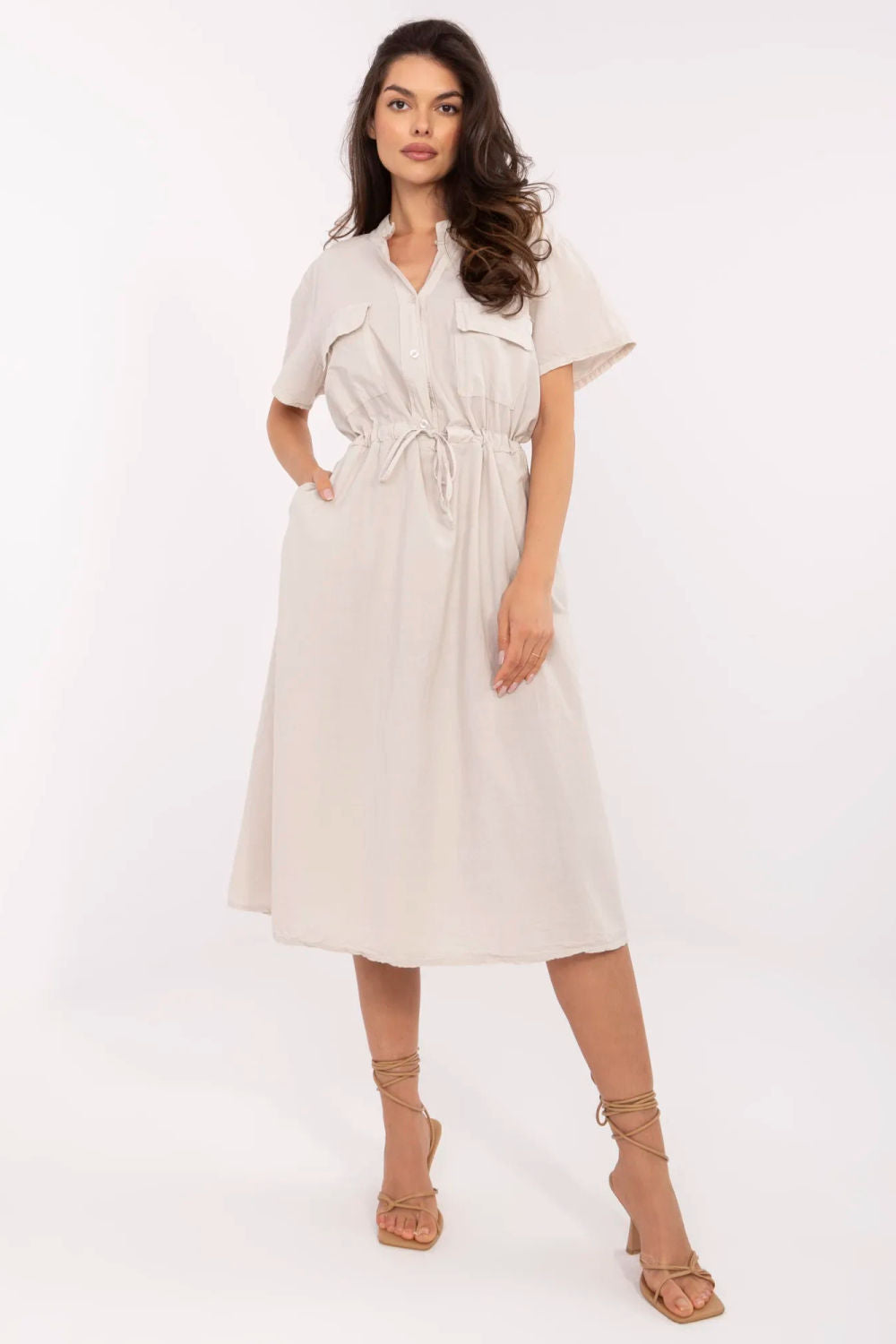 Italy Moda Beige Midi Flared Dress