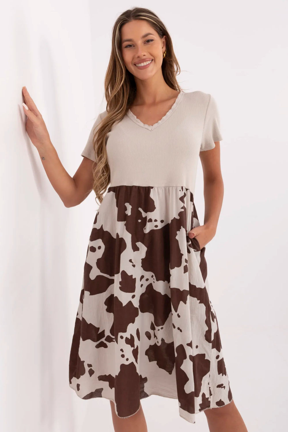 Italy Moda Beige Flared Short Sleeve Dress