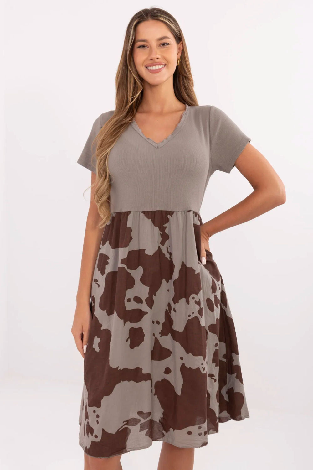 Italy Moda Dark Beige Flared V-Neck Dress