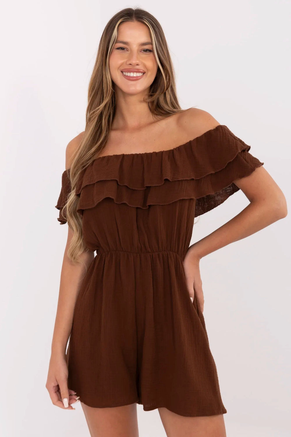 Italy Moda Brown Off Shoulder Short Sleeve Jumpsuit
