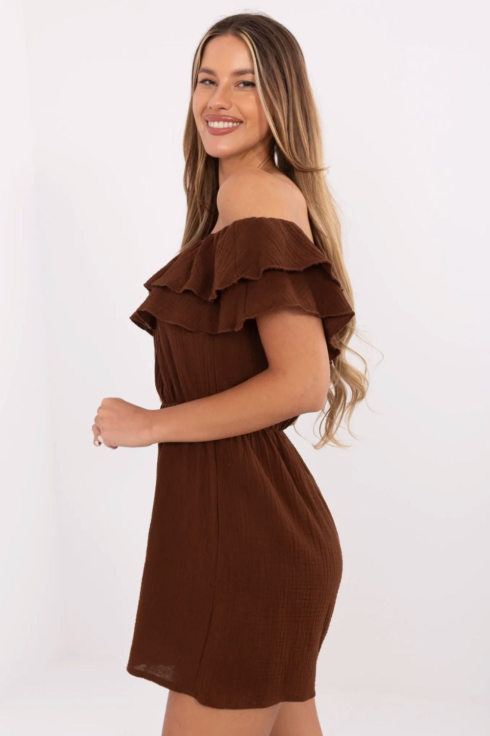 Italy Moda Brown Off Shoulder Short Sleeve Jumpsuit - view 2