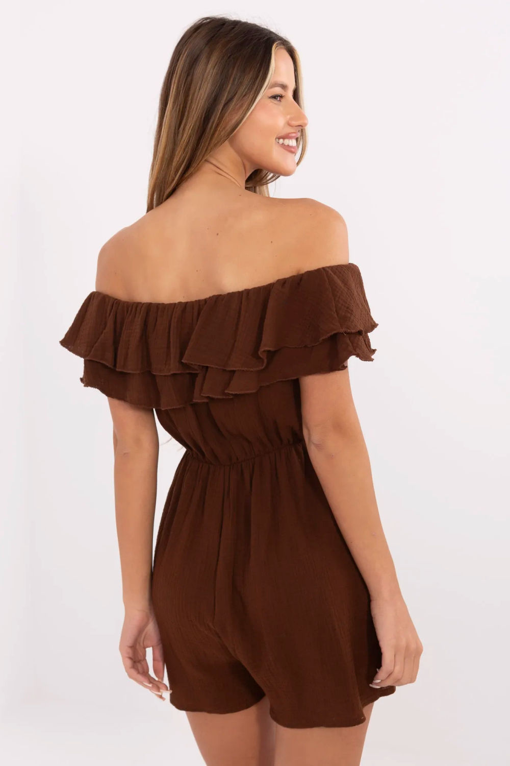 Italy Moda Brown Off Shoulder Short Sleeve Jumpsuit - view 3