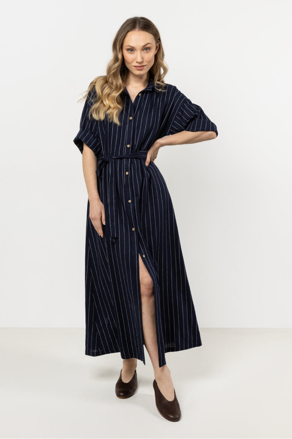 Awama Navy Linen Striped Dress