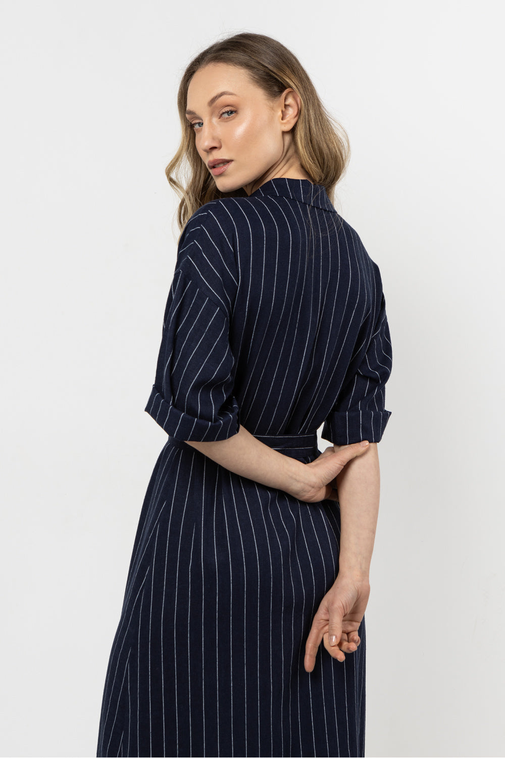 Awama Navy Linen Striped Dress - view 2
