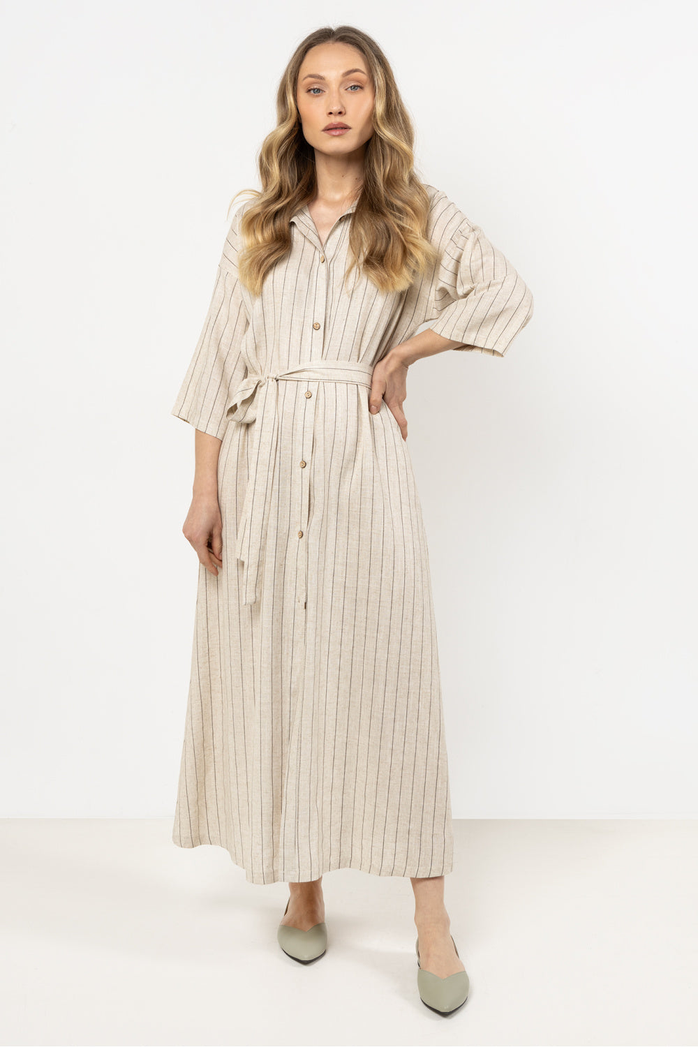 Awama Mocha Linen Striped Dress