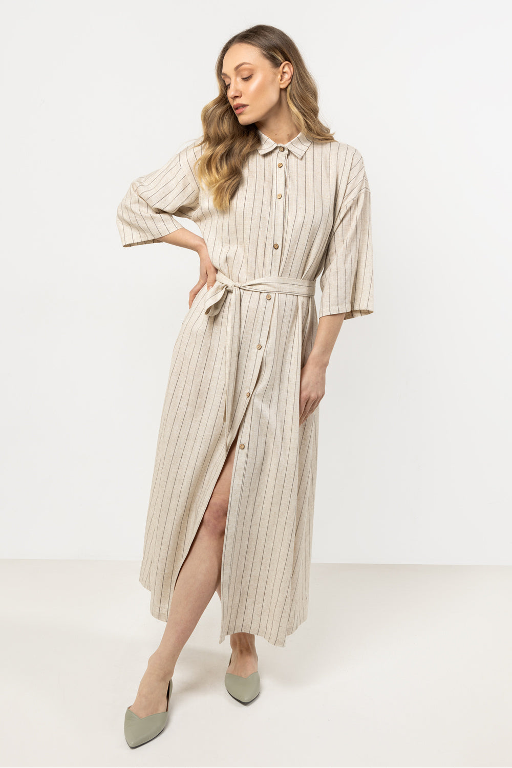 Awama Mocha Linen Striped Dress - view 2