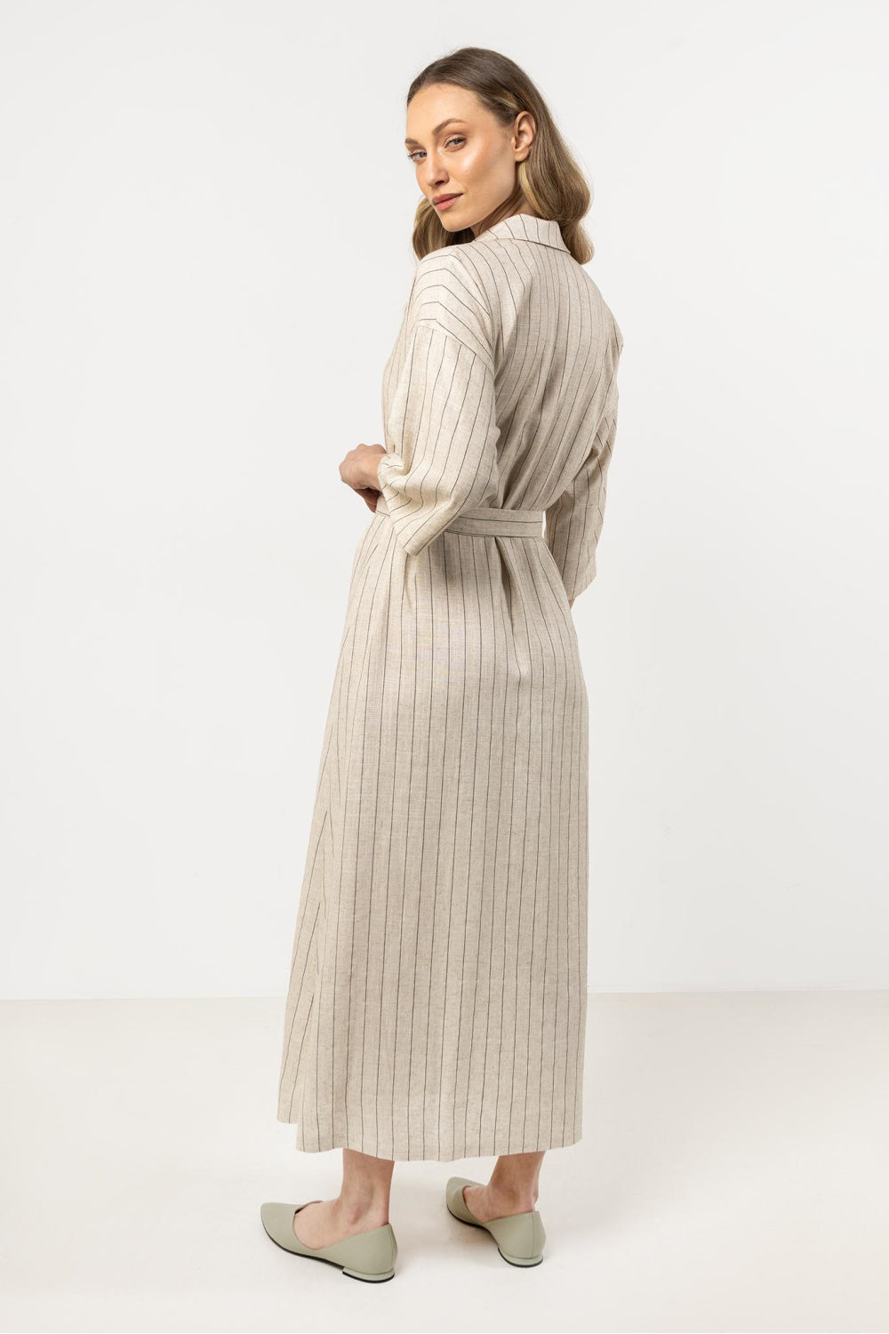 Awama Mocha Linen Striped Dress - view 3
