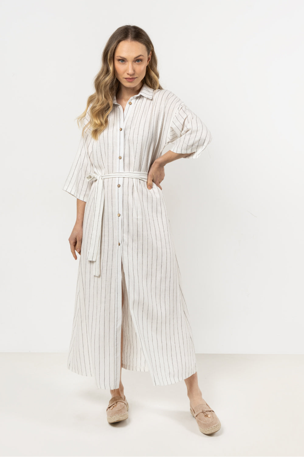 Awama Cream Linen Striped Dress