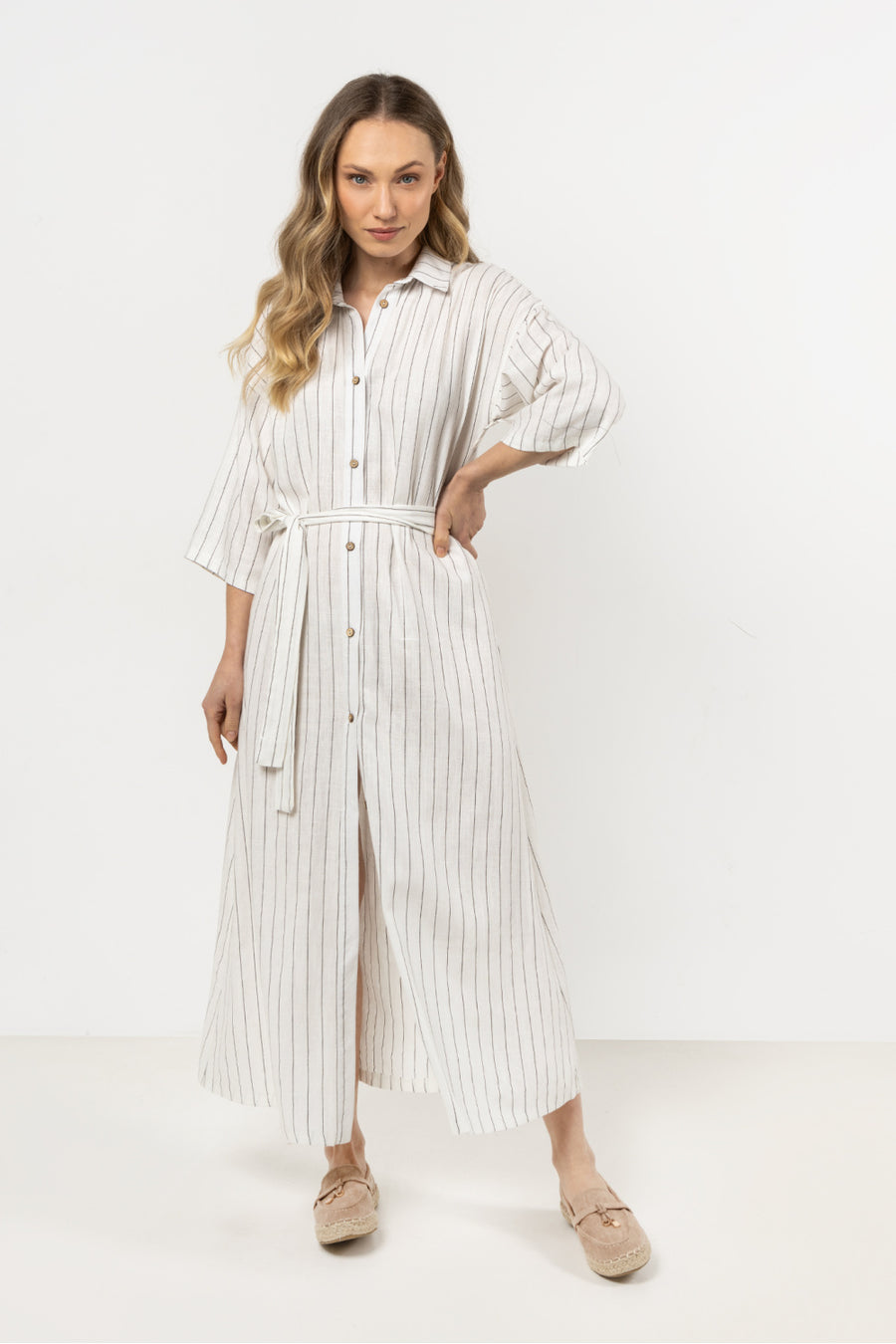 Awama Cream Linen Striped Dress
