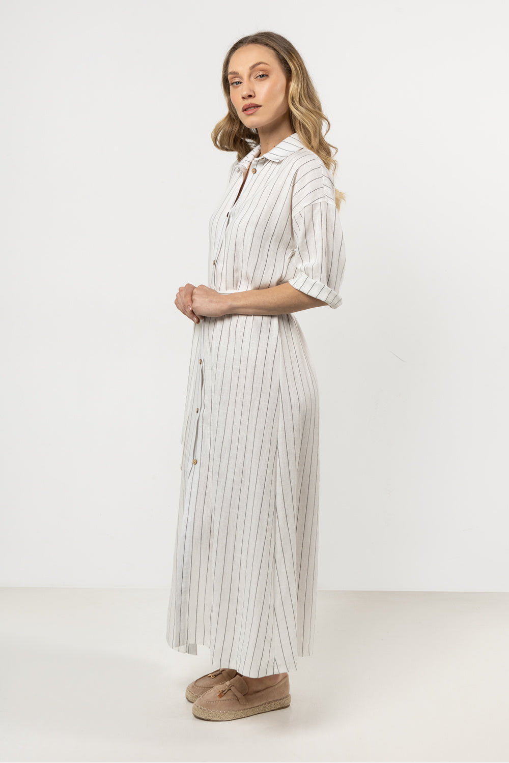 Awama Cream Linen Striped Dress - view 2