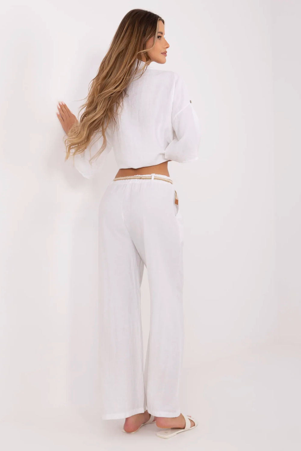 Italy Moda White Linen Wide Leg Trousers - view 3