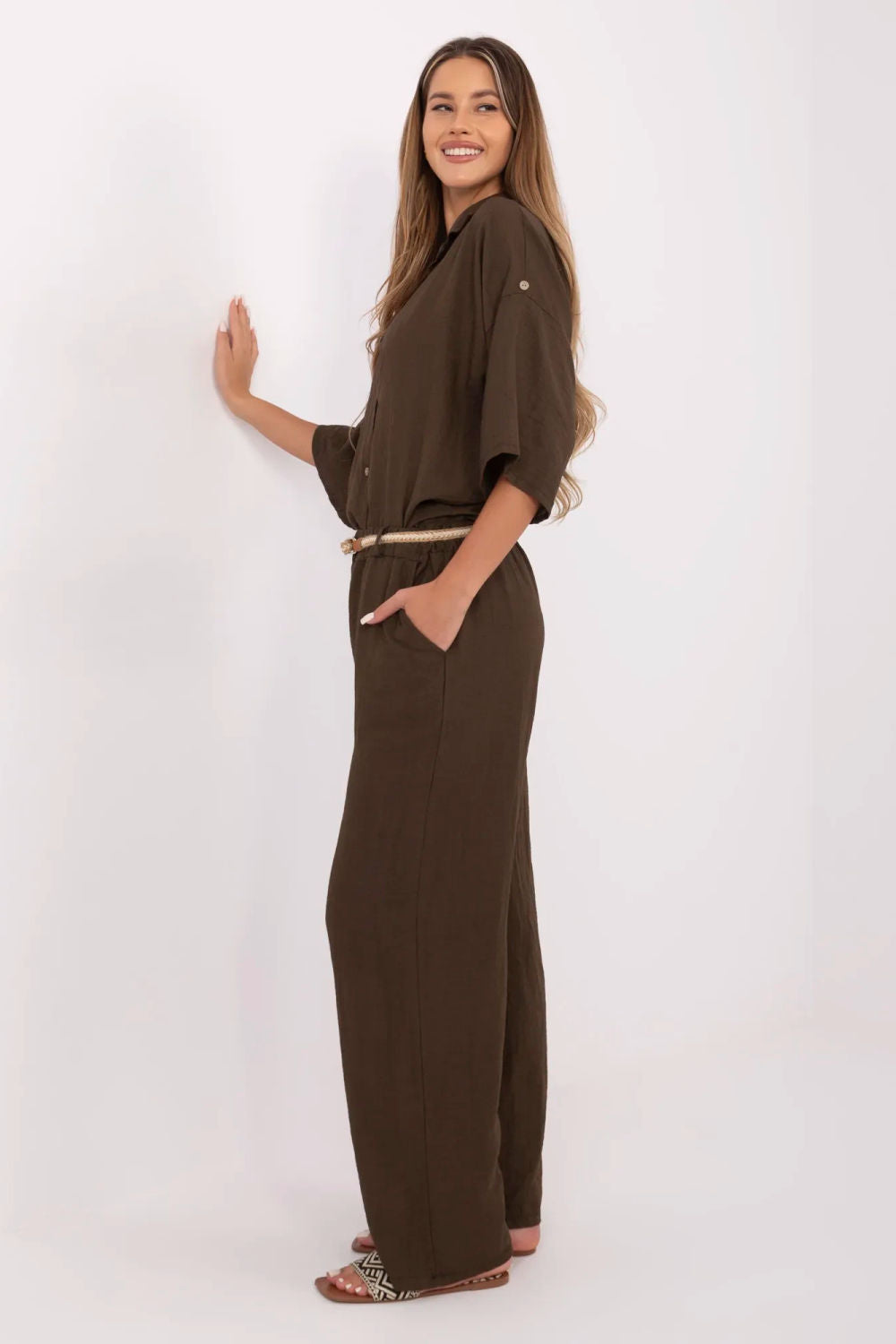 Italy Moda Dark Brown Linen Wide Leg Trousers - view 2