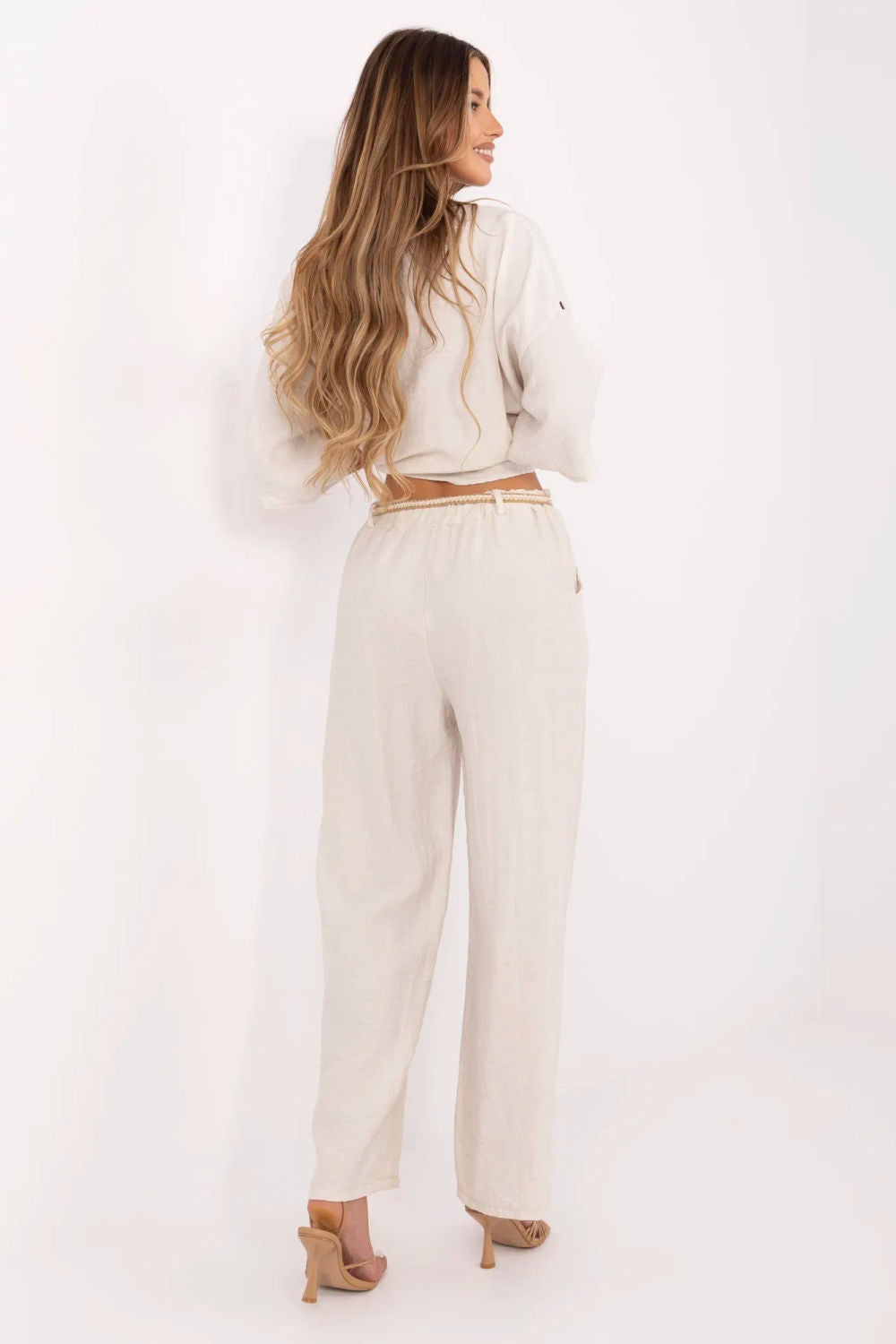 Italy Moda Light Beige Linen Wide Leg Trousers - view 3