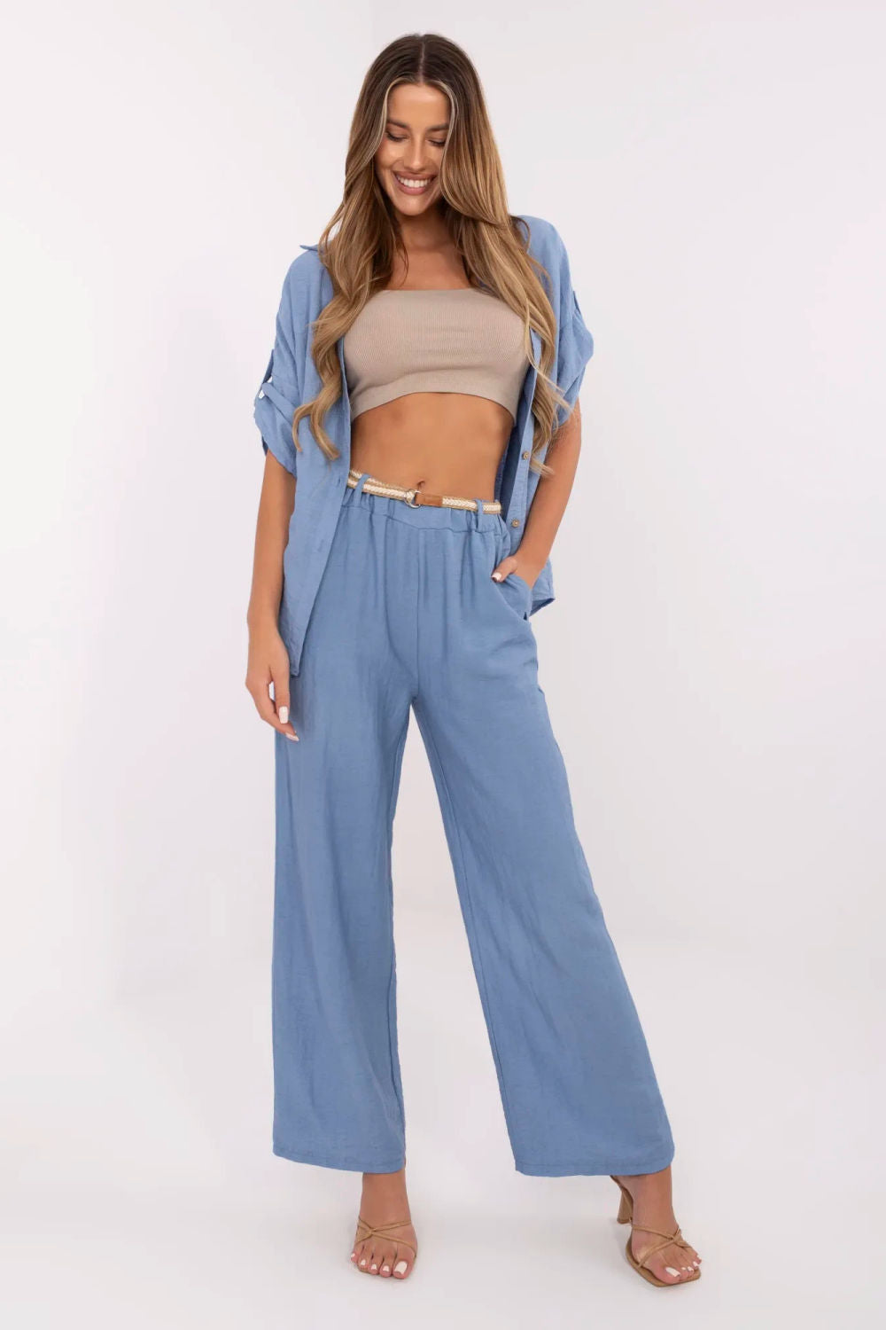 Italy Moda Blue Linen Wide Leg Trousers