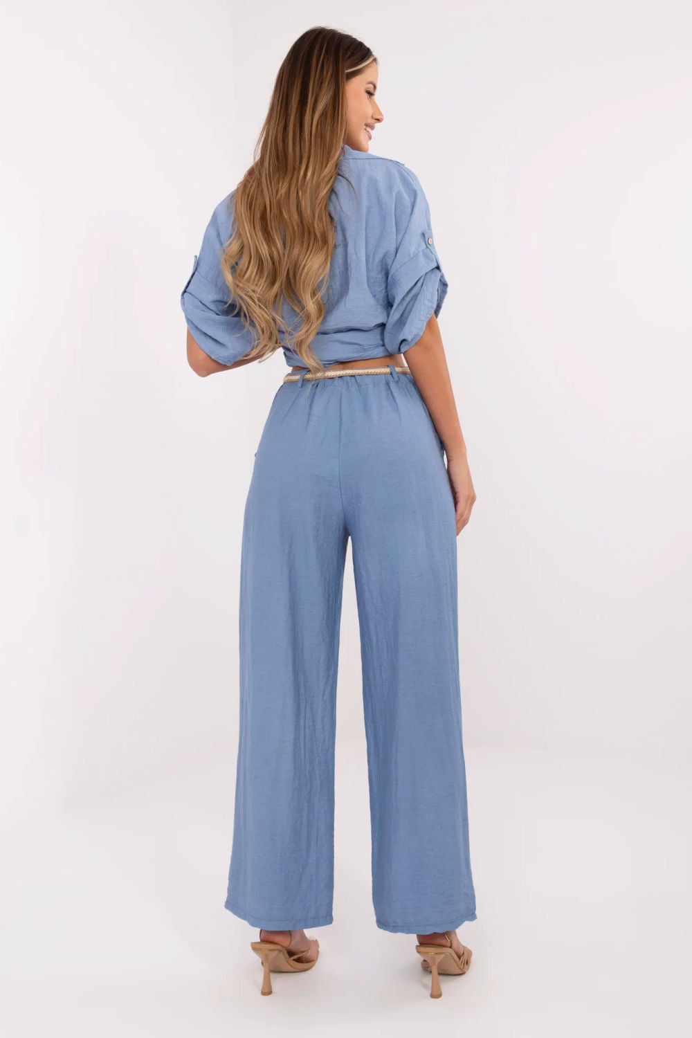 Italy Moda Blue Linen Wide Leg Trousers - view 3