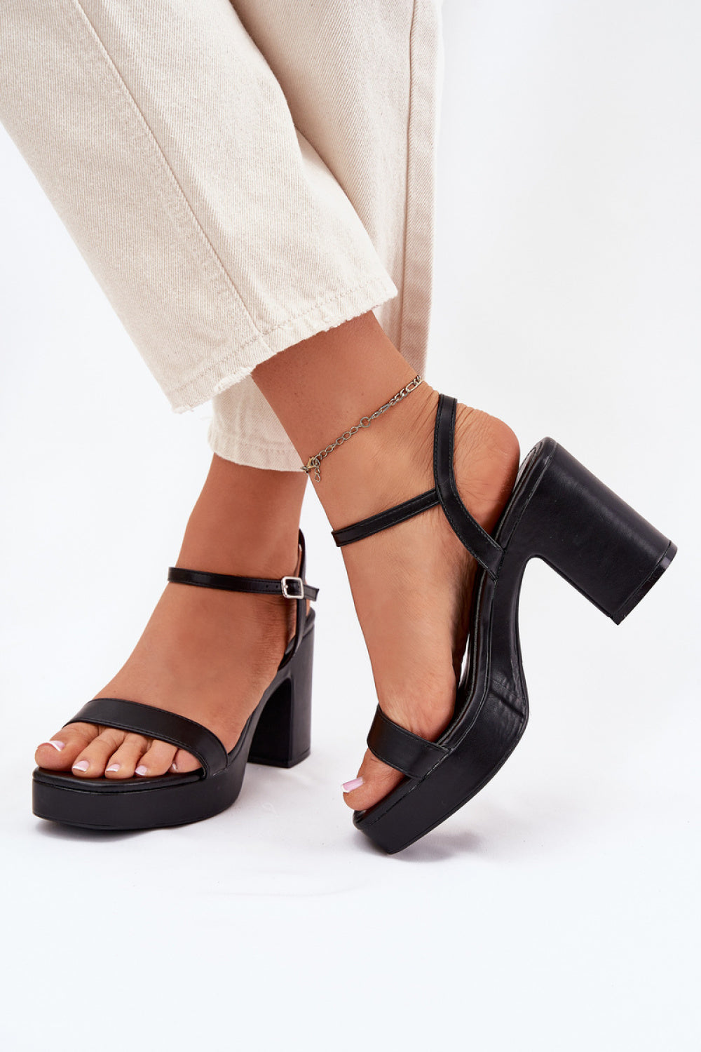 Step In Style Lillita Black Faux Leather Heeled Sandals