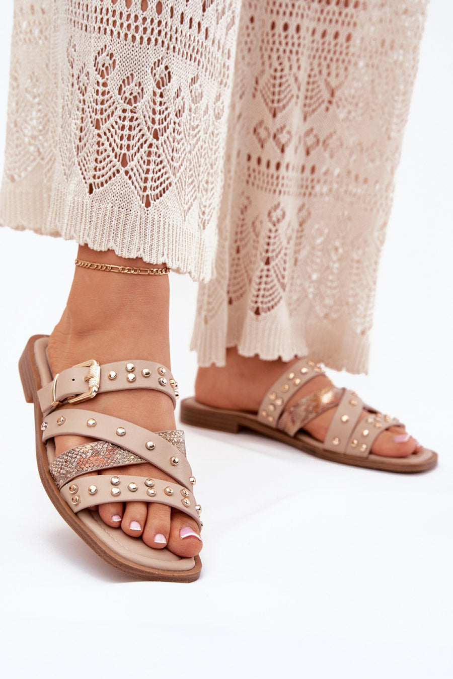 Step In Style Manitte Beige Faux Leather Flat Flip Flops