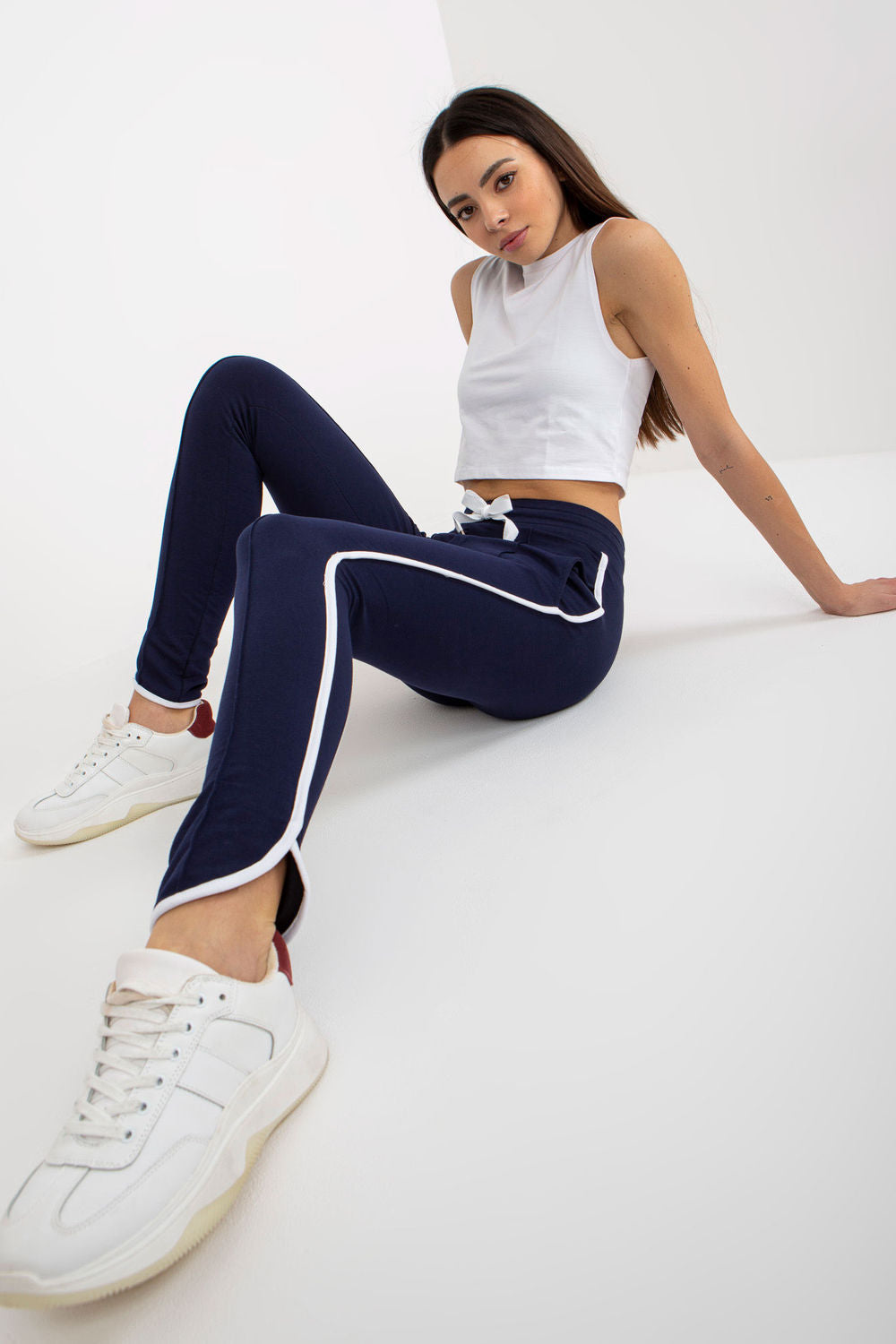Rue Paris Navy Striped High Waisted Cotton Joggers - view 2
