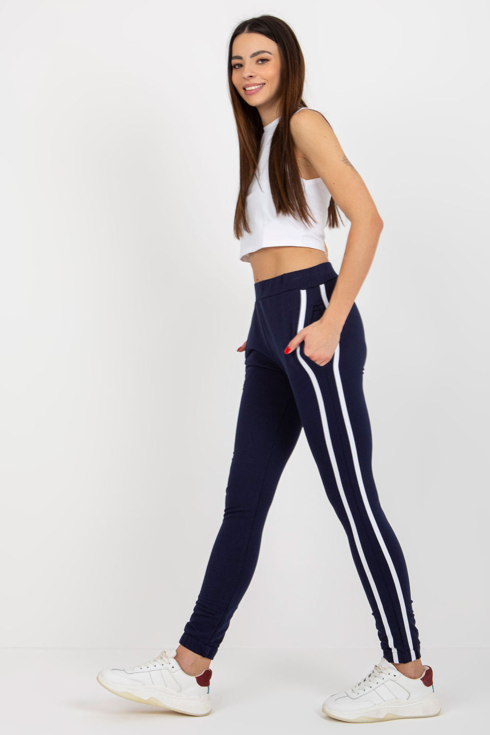 Rue Paris Navy Striped High Waisted Joggers - view 2