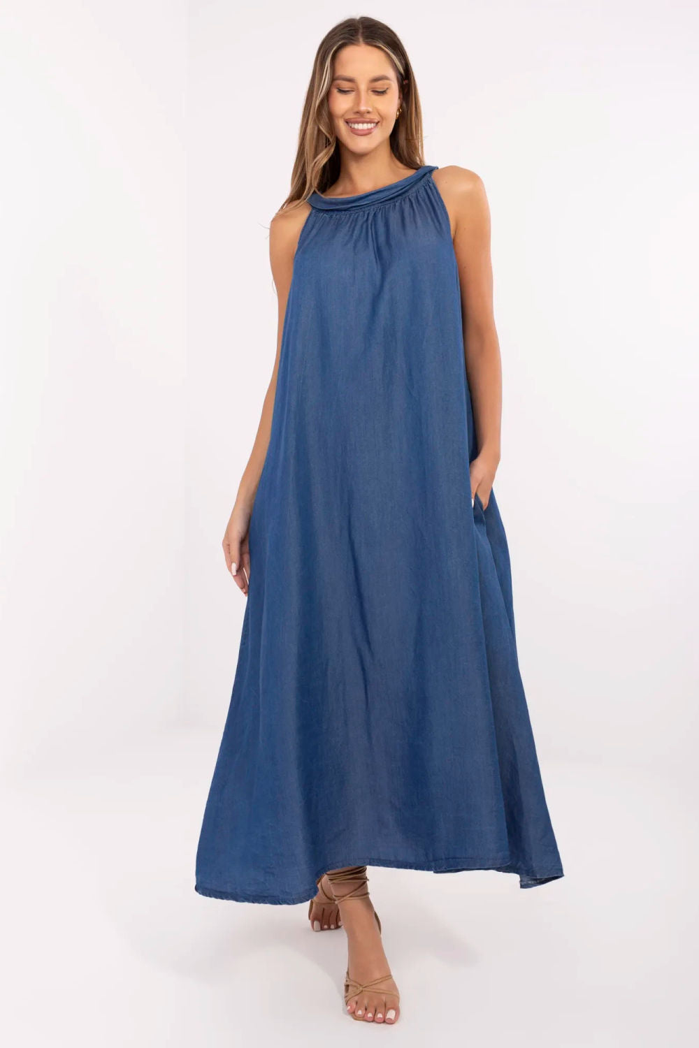 Italy Moda Dark Blue Maxi Denim Dress
